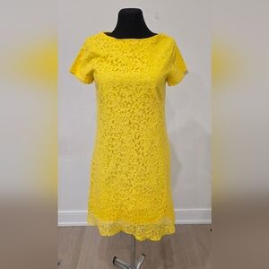 Denny Rose Yellow Lace Sheath Mini Dress with Bateau Neckline, S